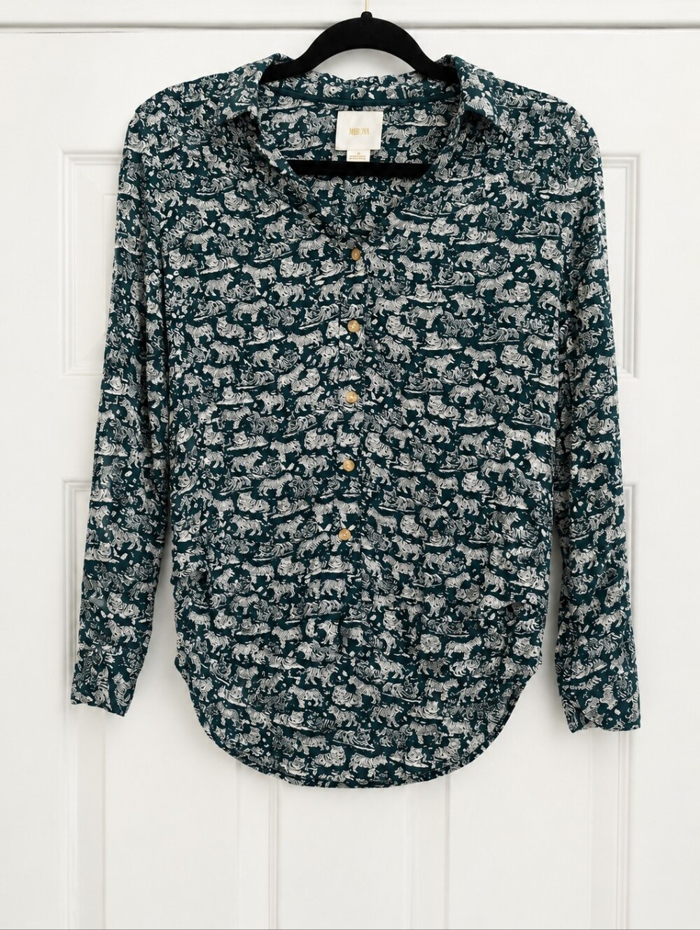 Maeve by Anthropologie Safari Amara Tiger Blouse Green White Eclectic Size 4
